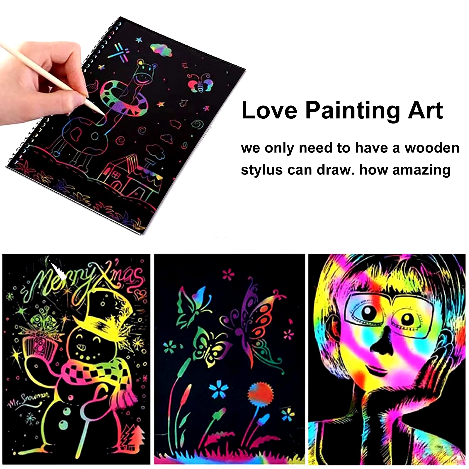 2 Pack Rainbow Scratch Paper Children'S Art Book Black DIY Rainbow Art Paper Card Neon Scratch Book with Wood Stick