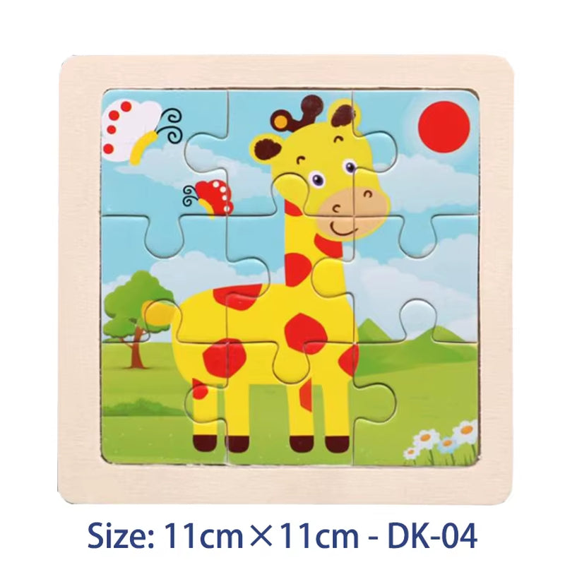 11Cm/4.33In Kids Wooden Jigsaw Puzzle Games Cartoon Animal Vehicle Pattern Children Montessori Educational Toys